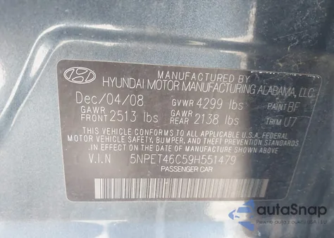 2009 Hyundai Sonata Gls from USA, damaged, VIN 5NPET46C59H551479